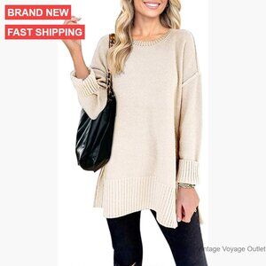 Oversized Pullover Sweater Crew Neck Long Sleeve Side Split Tunic